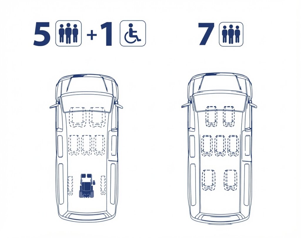 Configuración asientos de la Peugeot Rifter Long accesible PMR para TAXI y VTC